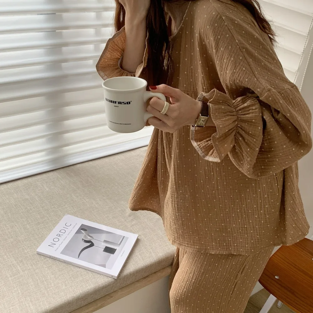 Ladies Korean Version of The Round Neck Imitation Cotton Wrinkled Cloth Pajamas Home Wear  Ms. Long-sleeved Long Pants Loose Set