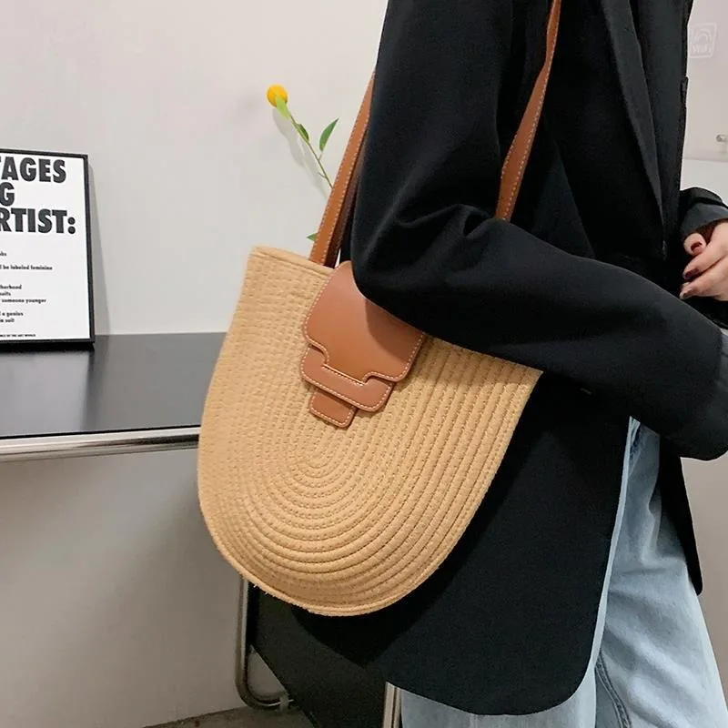 

Новинка 2025 года, женская повседневная сумка на плечо во французском деревенском стиле, летняя уникальная сумка-ведро, популярные соломенные сумки нишевого дизайна