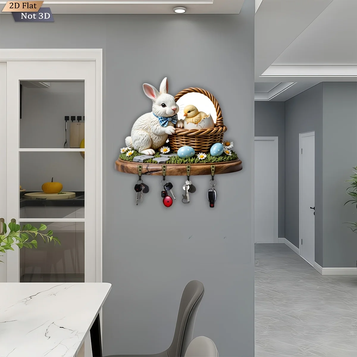 2D flach, 1 Stück, Oster-Stil, Kaninchen-Küken-Schlüsselhaken, multifunktionaler Schlüsselhalter aus Holz für Zuhause mit 4 Metallhaken, Wanddekoration,