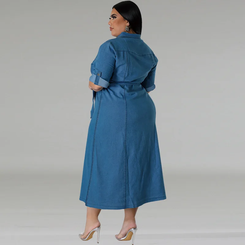 Plus Size Button Elegant Denim Dress Female Solid Jean Vestido Office Lady Robe 2024 Autumn Women Luxury Pretty Fashion Dress