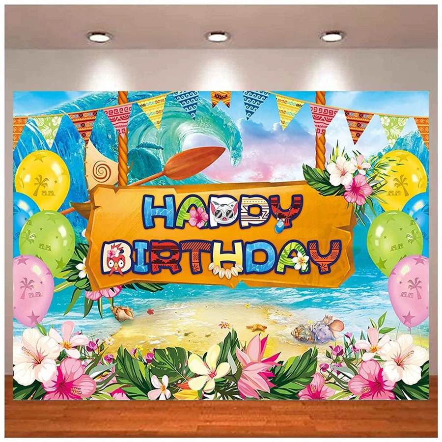 Hawaiiaanse Verjaardagsfeestje Banner Aloha Bloemen Bday Achtergrond Tropische Zomer Aan Zee Kleurrijke Ballonnen Decor Achtergrondbenodigdheden