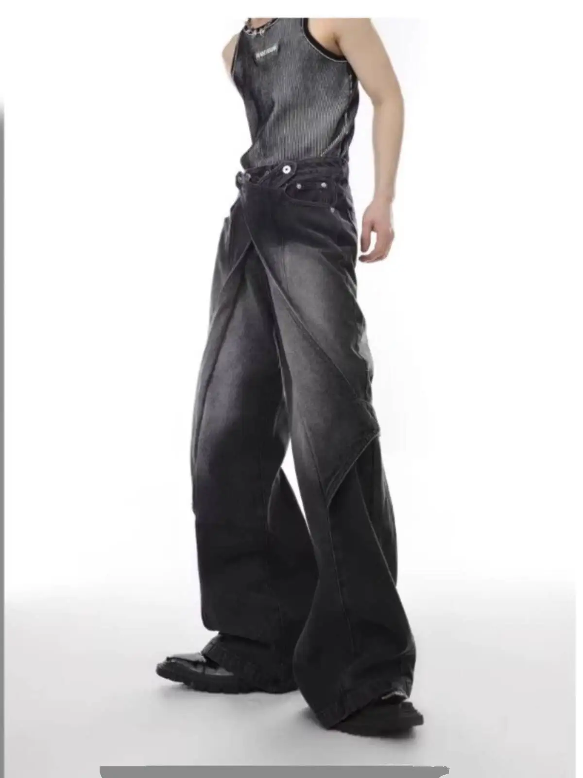 للجنسين الجينز 2025 جديد المرقعة رجل جينز غير رسمي المرأة ريترو مفكك البضائع للتحويل مضيئة الدينيم بنطال ذو قصة أرجل واسعة #2