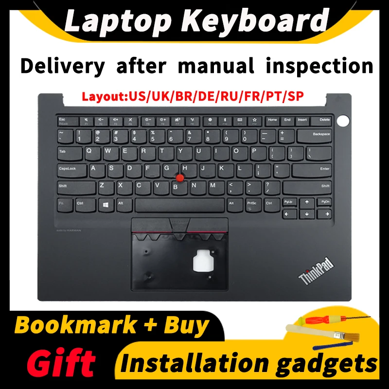 

US/UK/BR/DE/RU/FR/PT/SP layout For Lenovo ThinkPad No Backlight Keyboard E14 Gen1/2 Laptop Keyboard C Case 5M11B77513 5M10W64445