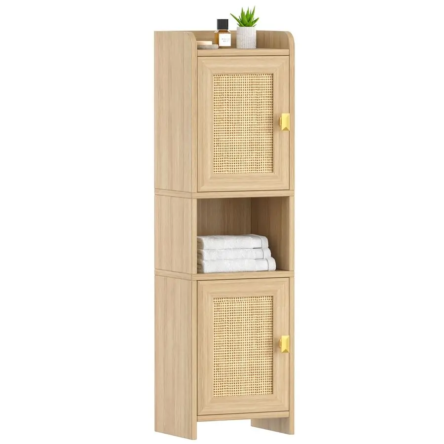 

Rattan Small Bathroom Cabinet with 2 Doors, 7.9D x 9.8W x 34.8 H Narrow Corner Floor Cabinet with Adjustable Shelf, Bathroom Or