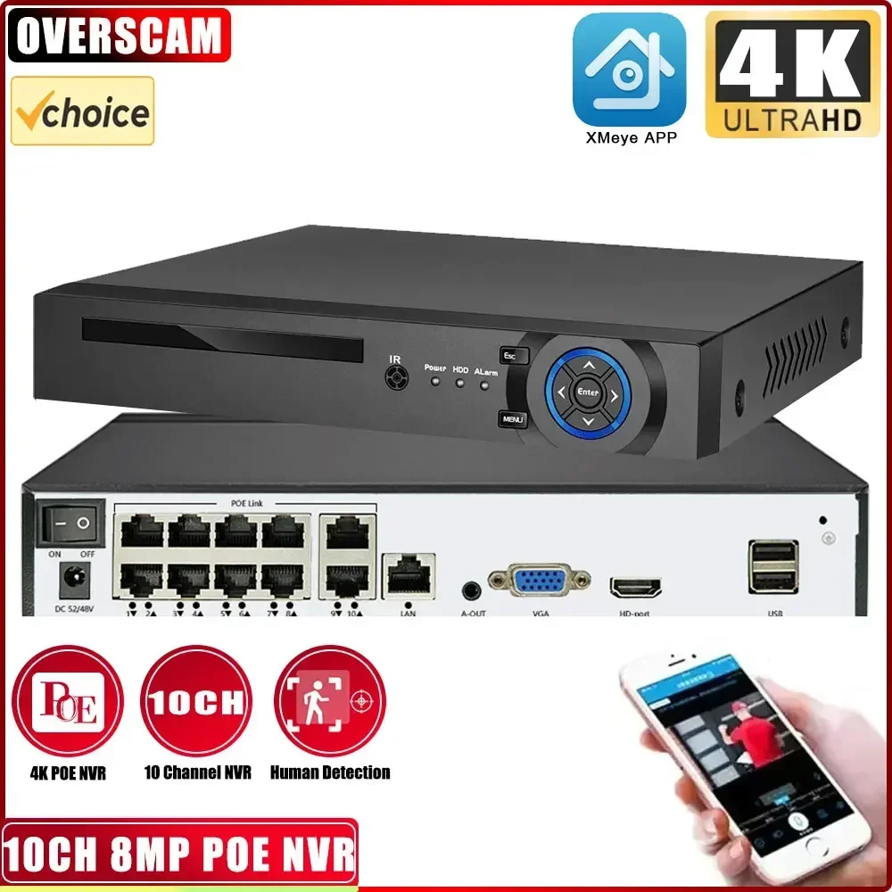 

CCTV 10CH POE NVR Face Detection Home Surveillance 4K 8MP 8CH IP Network IVR Audio Video Recorder Security Camera System XMeye