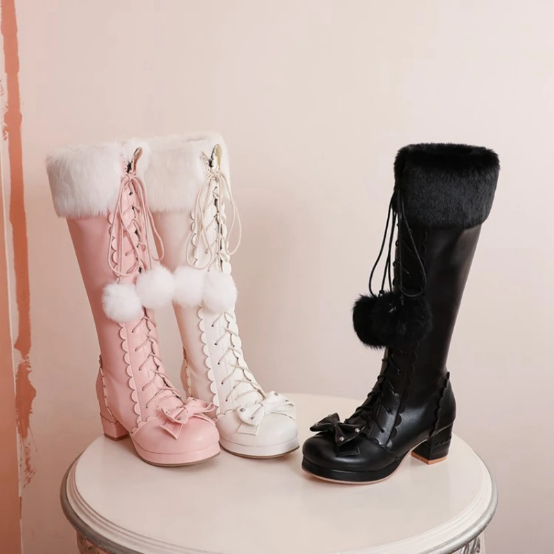 REAVECAT Lolita High Boots Fur Neck Girls Cosplay Party Princess Shoes Lace Up Bowtie Chunky Heel Side PU