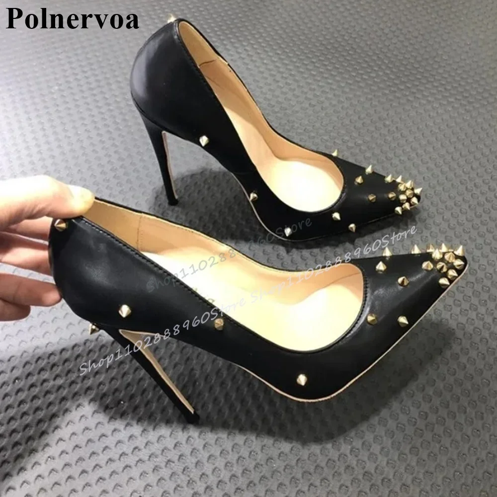 

Black High Quality Rivet Decoration Pumps Thin High Heel Shoes For Women Slip On Pointed Toe 2025 Fashion Zapatos Para Mujere