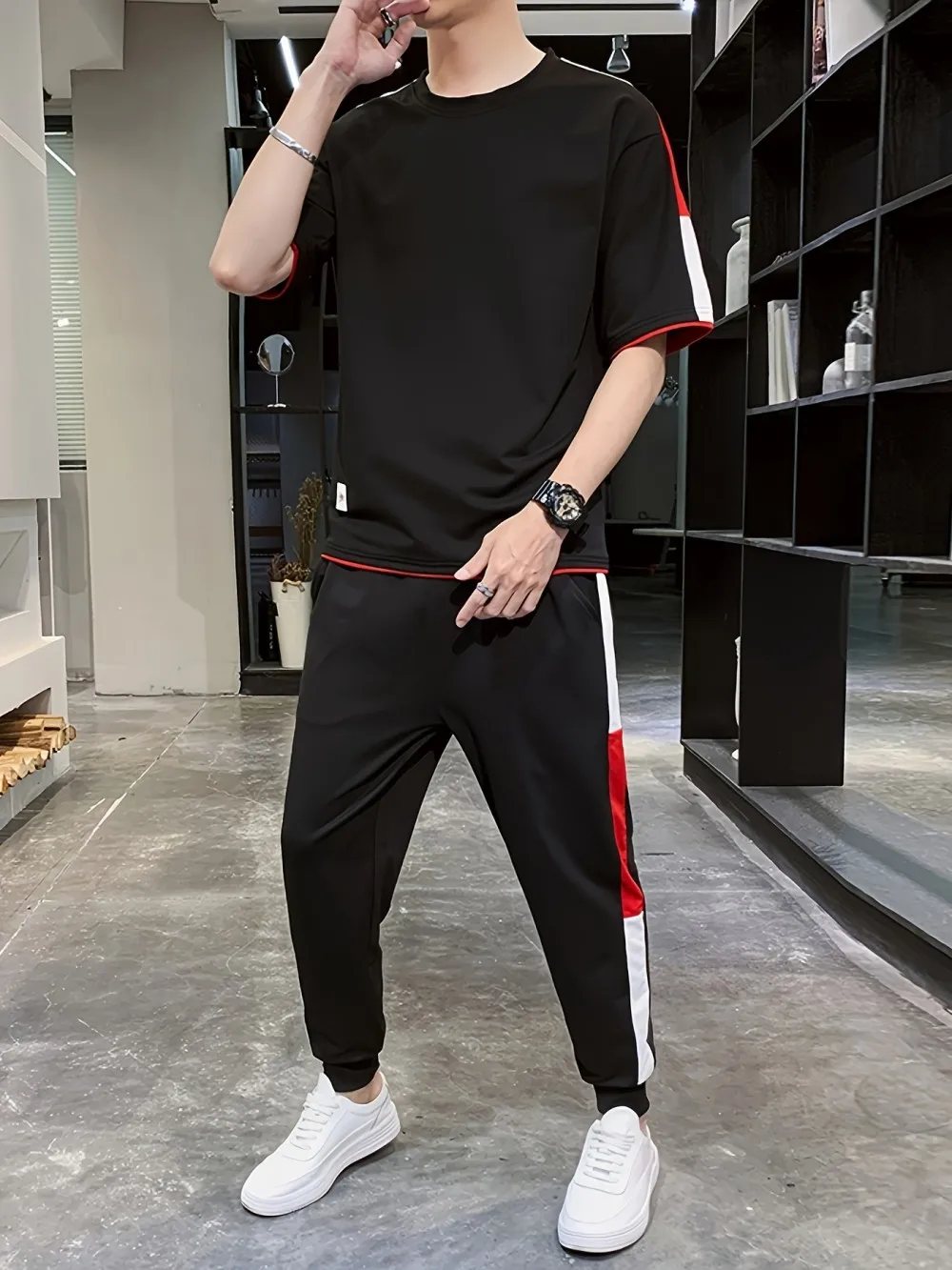 

Fashionable Men's Summer Striped Letter 3D Printed Breathable Round Neck T-shirt and Pants Quick Drying Comfortable Set