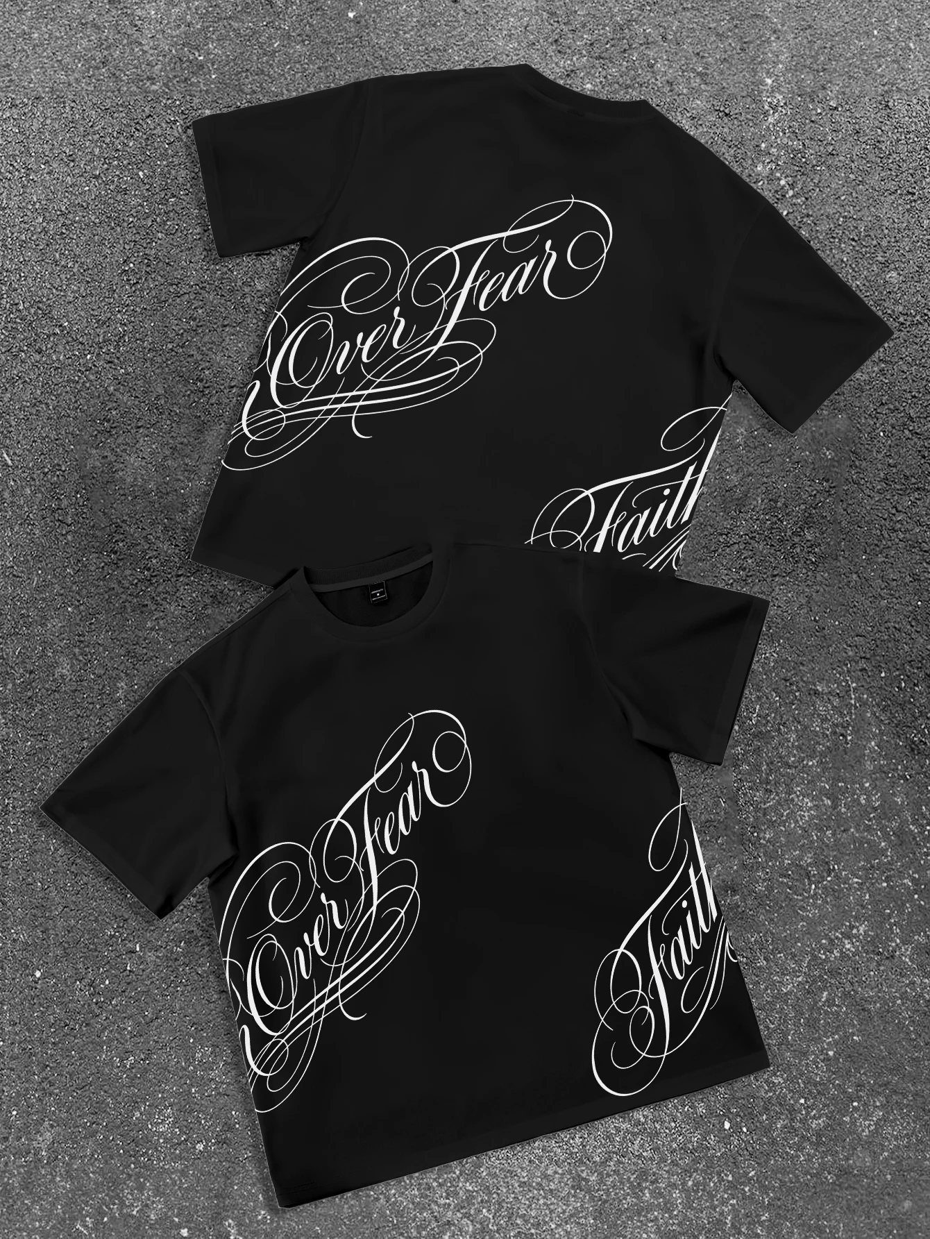 Men's Oversized Streetwear Faith Over Fear Cursive Letter Print Polyester Black Short Sleeve Crewneck T Shirt S-2XL All Size 1Pc