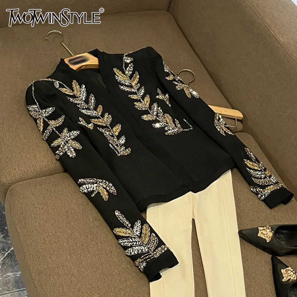 TWOTWINSTYLE Gorgeous Slimming Solid Jackets For Women V Neck Long Sleeve Spliced Diamonds Chic Jacket Female Style KJA533343