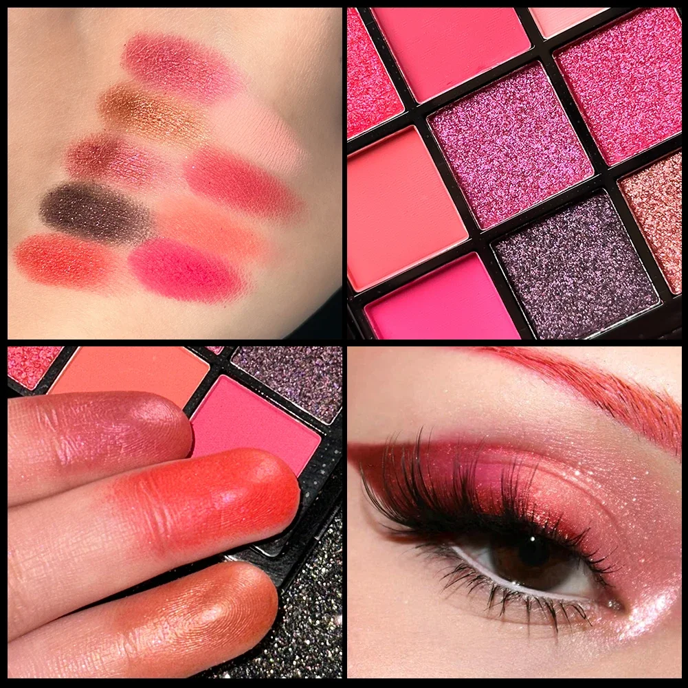 Paleta de sombras vermelhas com 9 grades, glitter roxo, perolado, fosco, maquiagem brilhante, longa duração, cosméticos de beleza para mulheres