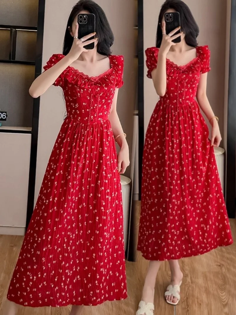 

Red Fashion Floral Elegant Short Sleeved Dress 2025 New Arrival Summer Short Sleeved Pleated Dress w161