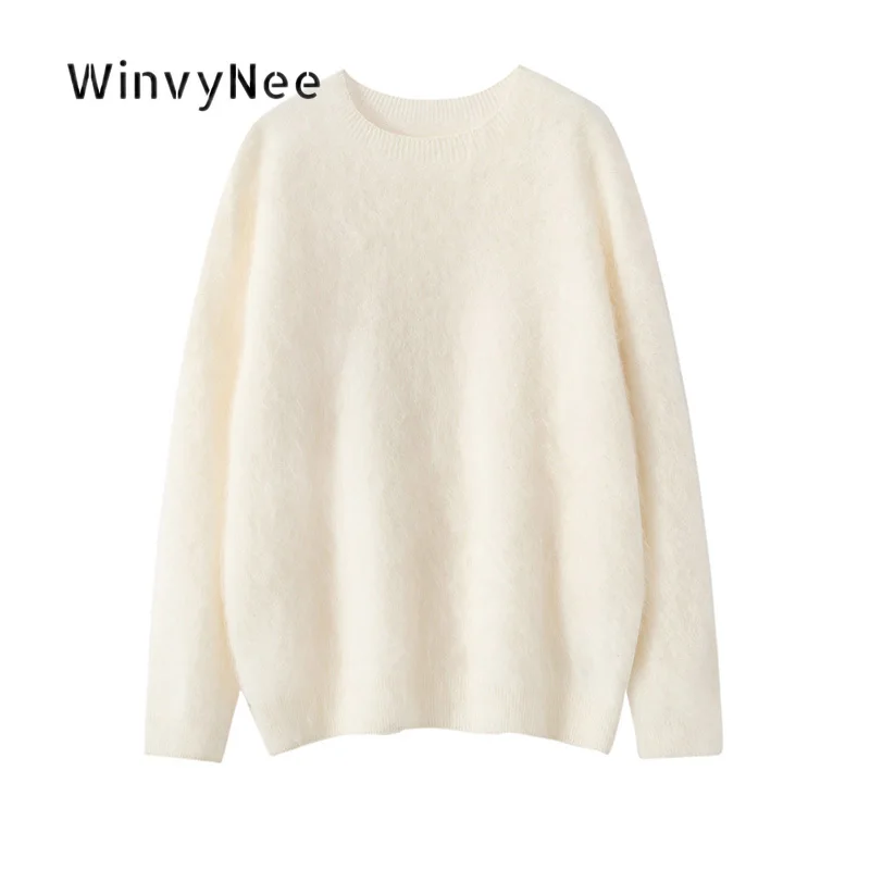 WinvyNee Women Seamless Crew Neck Pullover 100% Cashmere Long Sleeve Knit Brushed Fabric Autumn Winter Oversized Warm A1924001