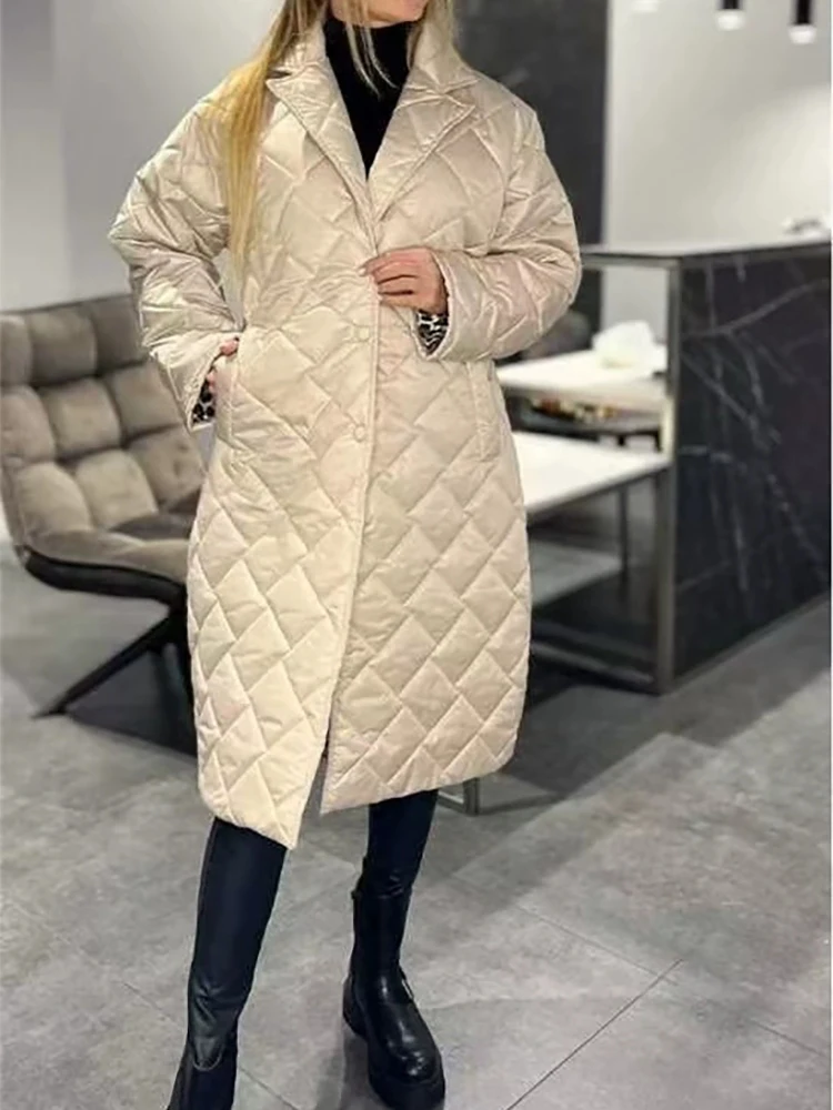 

Winter new long style diamond grid cotton coat loose and warm shiny surface lapel fashionable casual coat