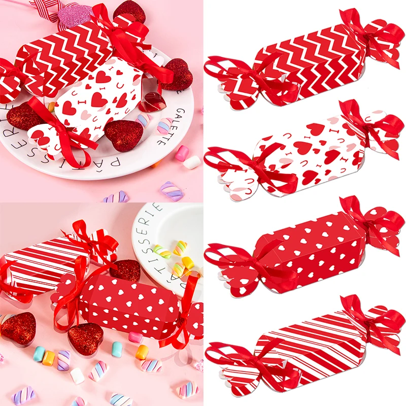 8/16pcs Valentine's Day Red Love Heart Candy Shaped Gift Boxes Paper Cookie Packaging Bags for Birthday Wedding Party Favors