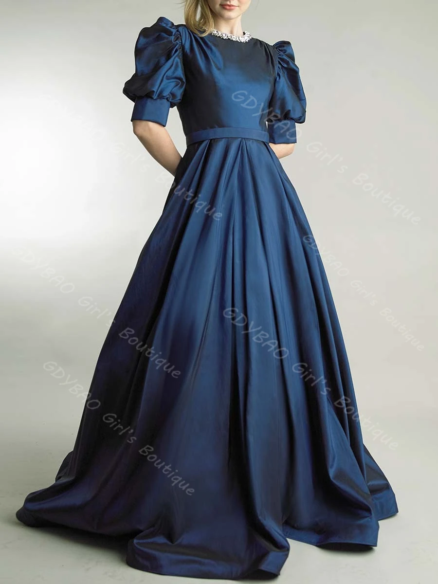 A-line/Princess Bridesmaid Dress Beaded Neck Balloon Sleeve Wedding Party Gown Long Prom Dress With Sashes Evening Gown Custom