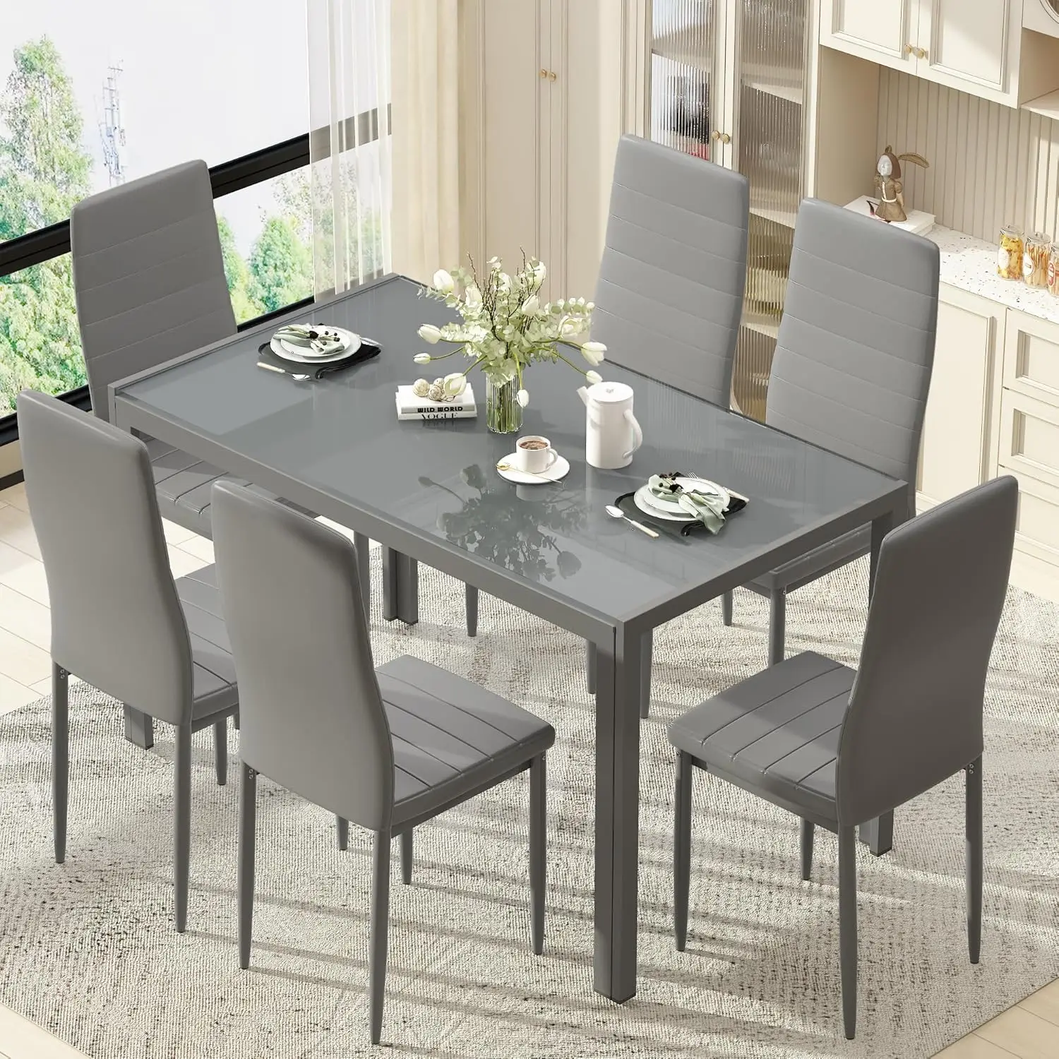 7 Piece Dining Table Set for 6, Glass Dining Room Table Set with 6 PU Leather Chairs, Modern Kitchen Table and Chairs Set of 6 f