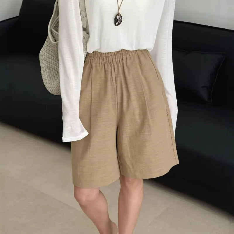 Pantalones Cortos Casuales de Lino y Algodón para Mujer, Finos, Blancos, de Verano, Elásticos, de Cintura Alta, de Pierna Ancha, Tipo Bermuda