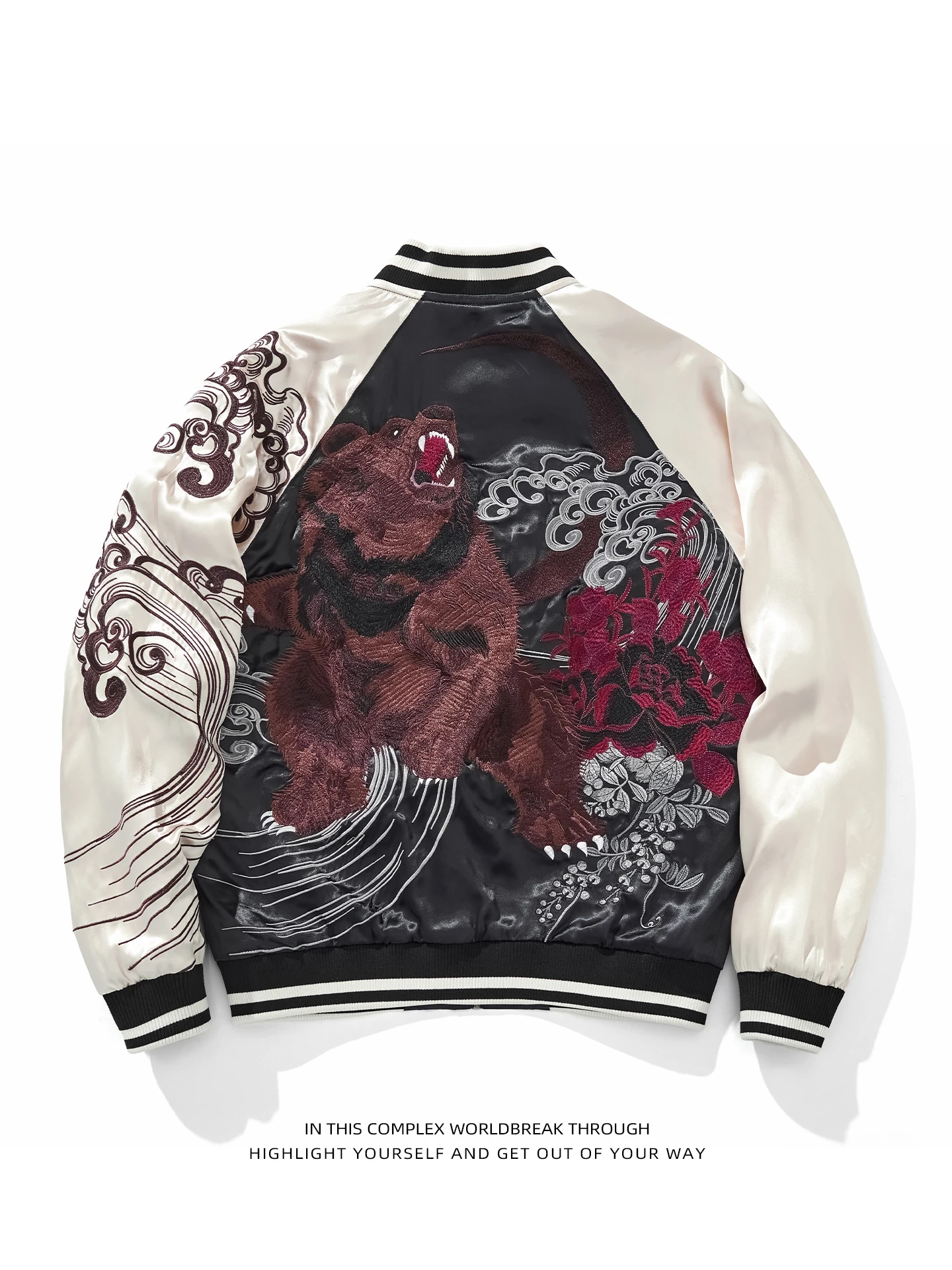 

Sukajan Spring Autumn New Horizontal Yokohama Heavy Industry Bla Bear Embroidered Jaet Men's Baseball orm Satin Surface