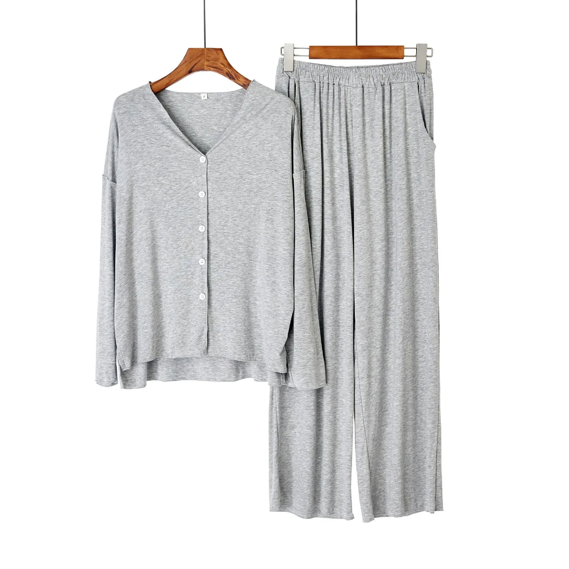 Japanese new style cotton pajamas suit ladies spring and autumn cardigan solid color long-sleeved trousers home service suit