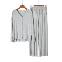 Japanese new style cotton pajamas suit ladies spring and autumn cardigan solid color long-sleeved trousers home service suit - Image 3