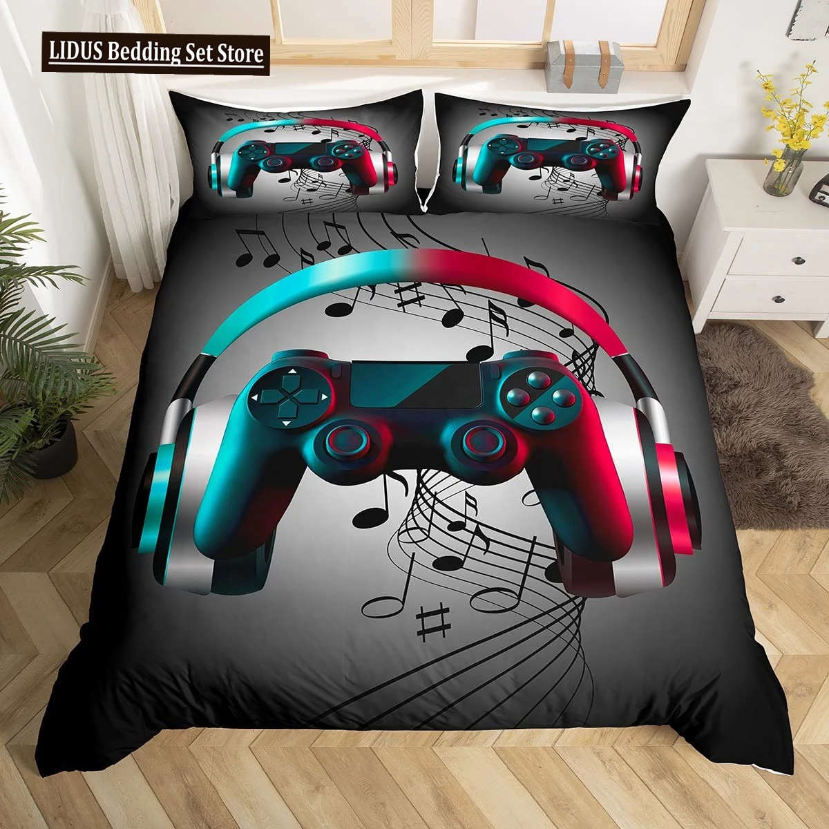 

Gamer Duvet Cover Set Rotating Music Comforter Cover Gamepad Gaming Bedding Set For Boys Headphone Bedspreads Cover Queen Size