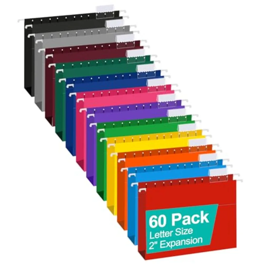 

Extra Capacity Hanging File Folders 60 Pack Reinforced Letter Size Hanging Folders with Heavy Duty 2 Inch Expansion Designed fo