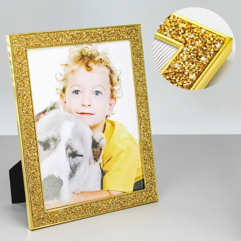7-Inch Metallic Plated Picture Frame with Sparkling Crystals Stylish Glass Photo Frame for Wedding Children's Photos Wall