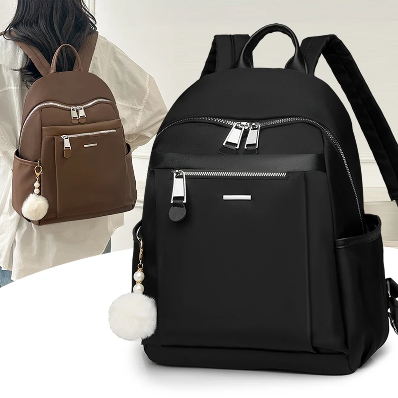 Fashion Plush Ball Decoration Nylon Backpack Retro Solid Color Large Capacity Student Bag New Leisure Travel Women Shoulder Bag