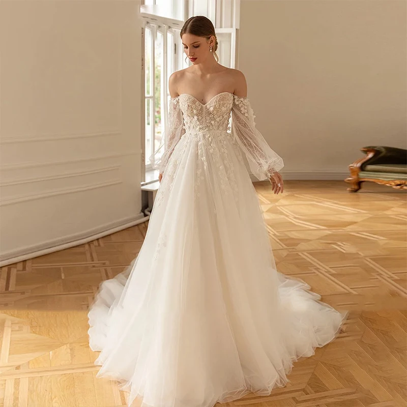 

Romantic Women'S Wedding Gowns Organza With Embroidery A-Line Bride Dress Puff Sleeves Strapless Ball Gown Customized Vestido