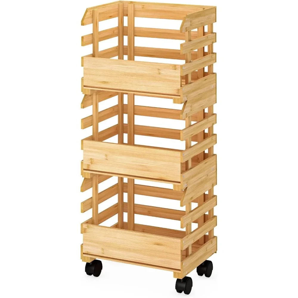 Bamboo Fruit Basket Stand, Potato and Onion Storage Cart, 3-Tier Fruit Basket with wheels, Vegetable Storage, Racks & Holders
