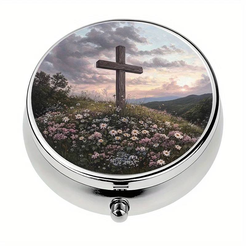 Single pack, 3-compartment pill box wallet, mini decorative portable pill box with wooden cross base, portable size decorative pill box, perfect for travel and storing vitamins
