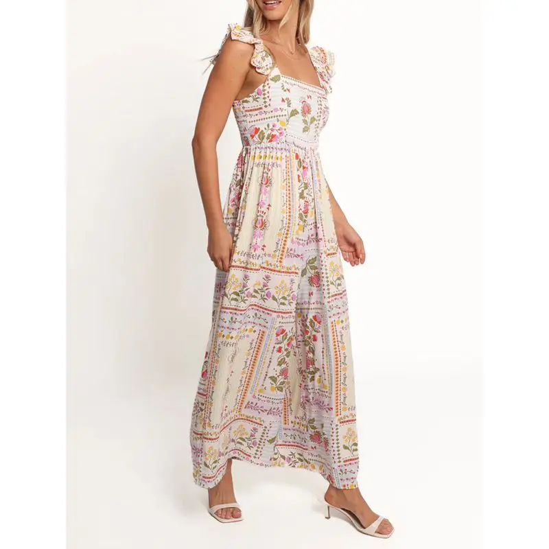 Combhasaki Women Summer Floral Print Flutter Ruffled Fly Sleeve Square Neck Smocked Backless A-Line Long Suspender Tank Dress