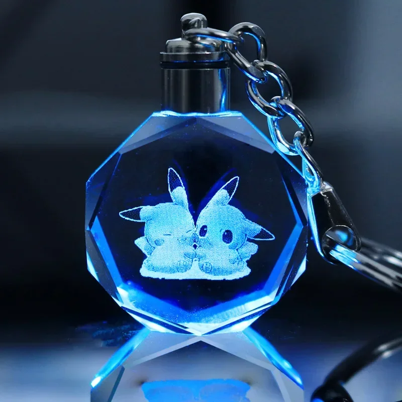 Pokemon Pikachu 3D Luminous Keychain Charizard Mewtwo Figures Toy Crystal Doll Night Light Metal Pendant Kid Birthday Gift