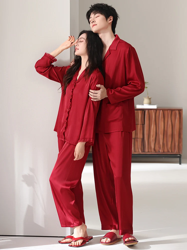 red-wedding-ice-silk-long-sleeve-sleepwear-women's-style-new-couple-spring-autumn-home-clothes-soft-breathable-comfortable