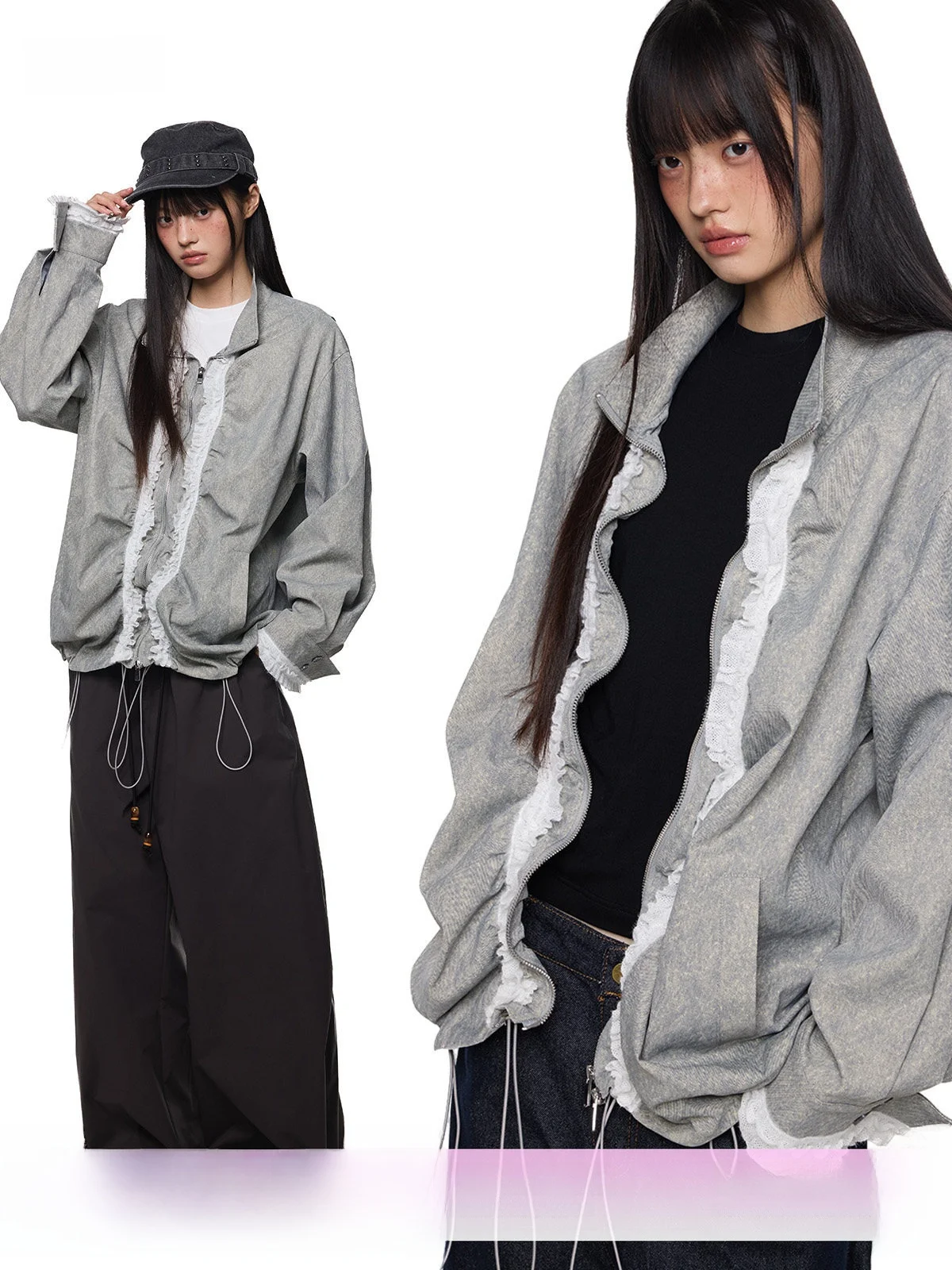 

Женская весенняя новинка: винтажная свободная повседневная куртка EZEK с плиссированным воротником, кружевом и молнией, дышащая, из полиэстера, с длинными рукавами