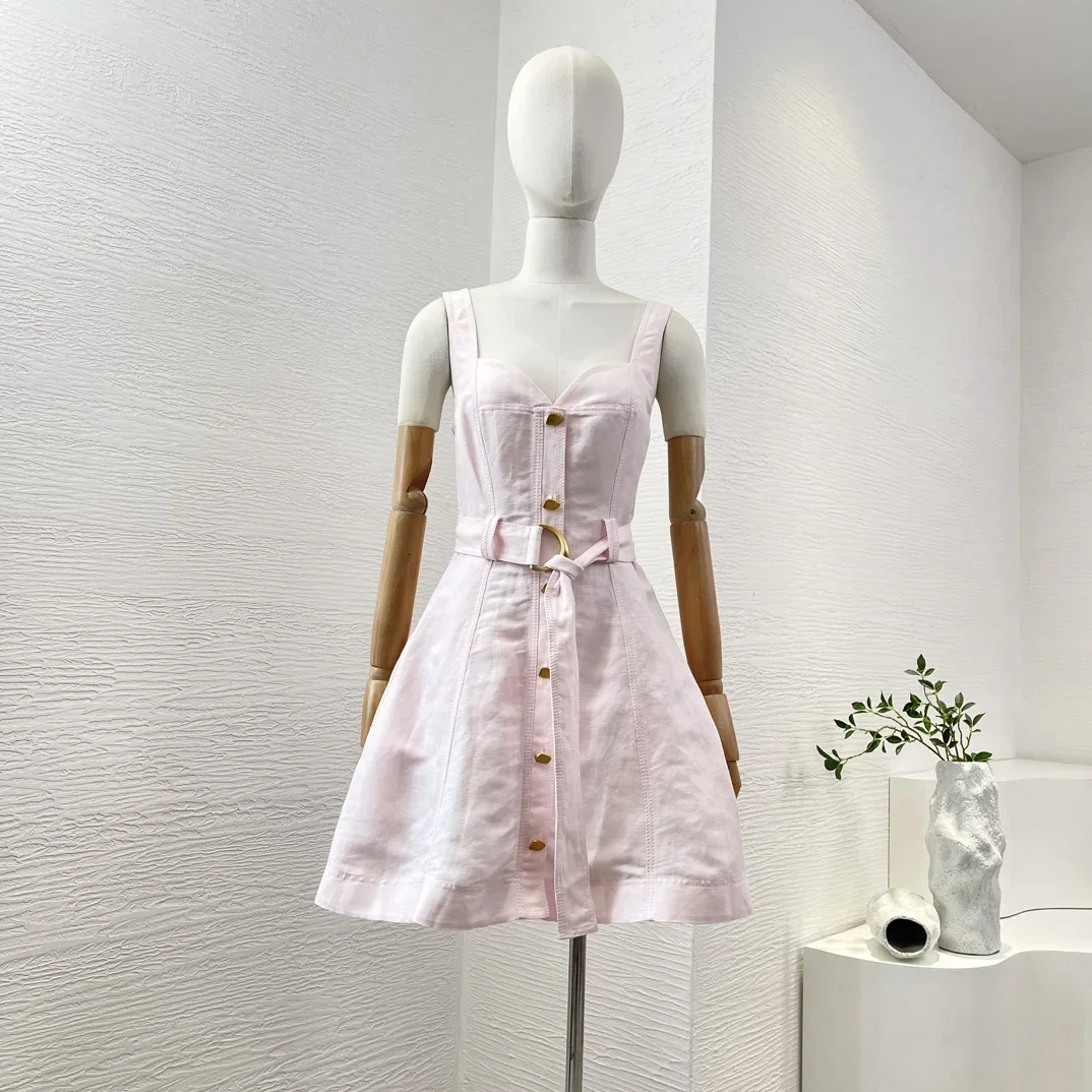 Pink Sweetheart Neck Sleeveless Golden Buttons Decoration Women Summer Mini Dress for Party Holiday 2024 New Original