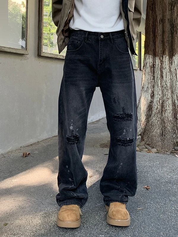 

Мужские джинсы в американском стиле, повседневные, черные, из денима, винтажные, с эффектом потертости, широкие, свободные, прямые, длинные брюки, осенняя новинка