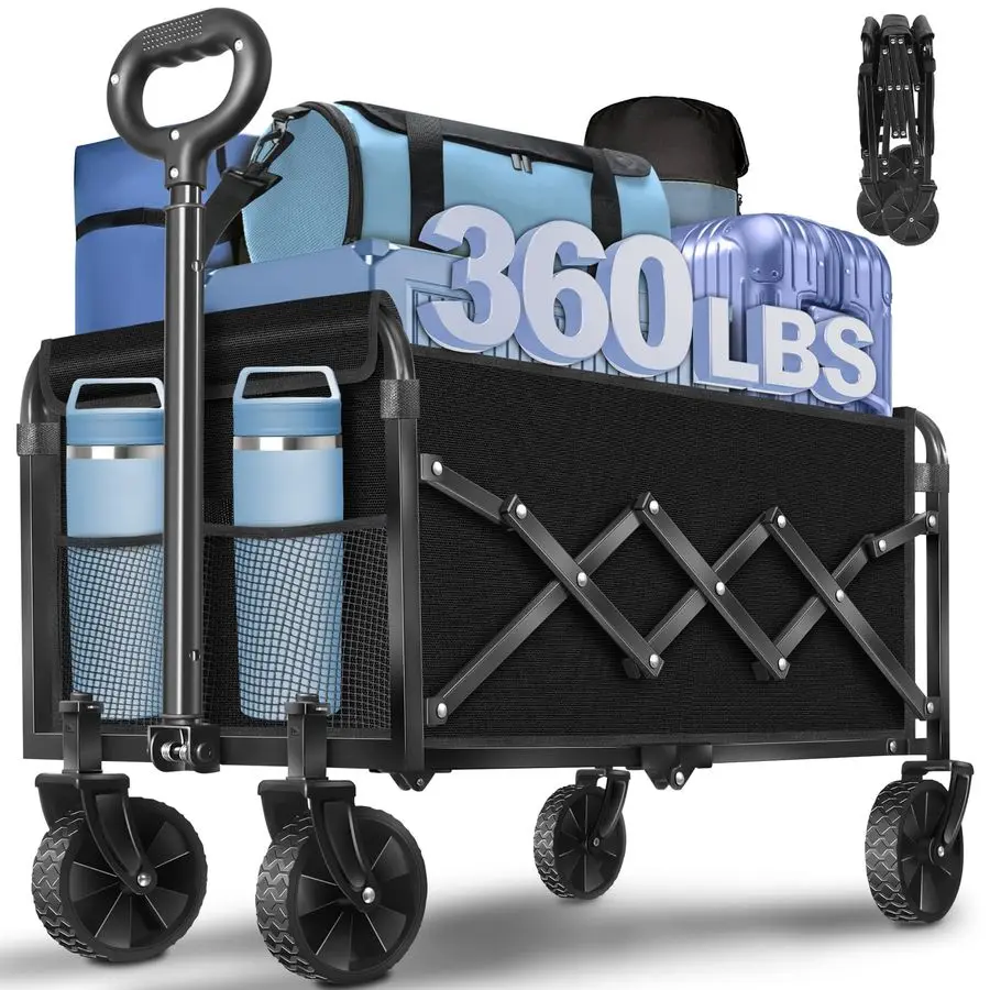 

Carts Foldable, 360 Lbs with Adjustable Handle, Black Lightweight Portable, Collapsible Wagon for Beach Trip, Camping, Shopping,