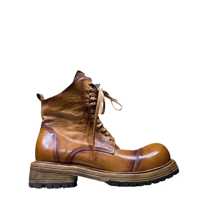 Men\'s Leather Thick Soles Lace-up Mid-barrel Heightening Recreational Heavy Industry Wash Motorcycle Boots for Men
