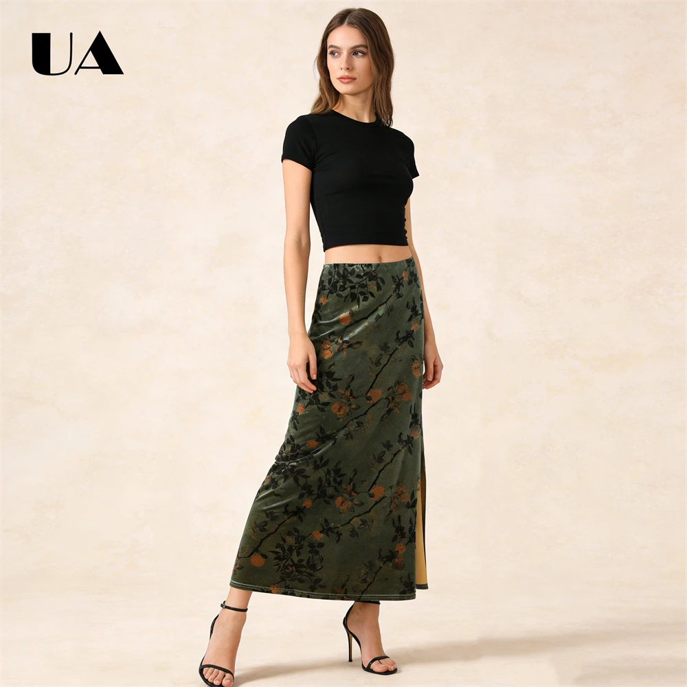 ULBYANRY Elegant Trendy Velvet Skirt Autumn Retro Floral High Waist Slimming Long Skirt Vintage Elegance Skirts