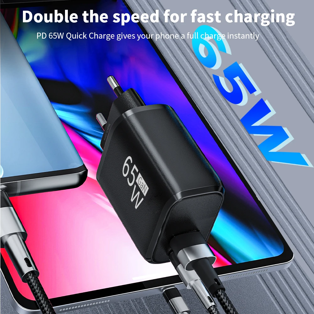 GaN 65W USB Phone Charger PD Type C Charger Two Ports Fast Charging For IPhone 13 14 15 Pro Xiaomi 13 Samsung Huawei Mate 60 Pro