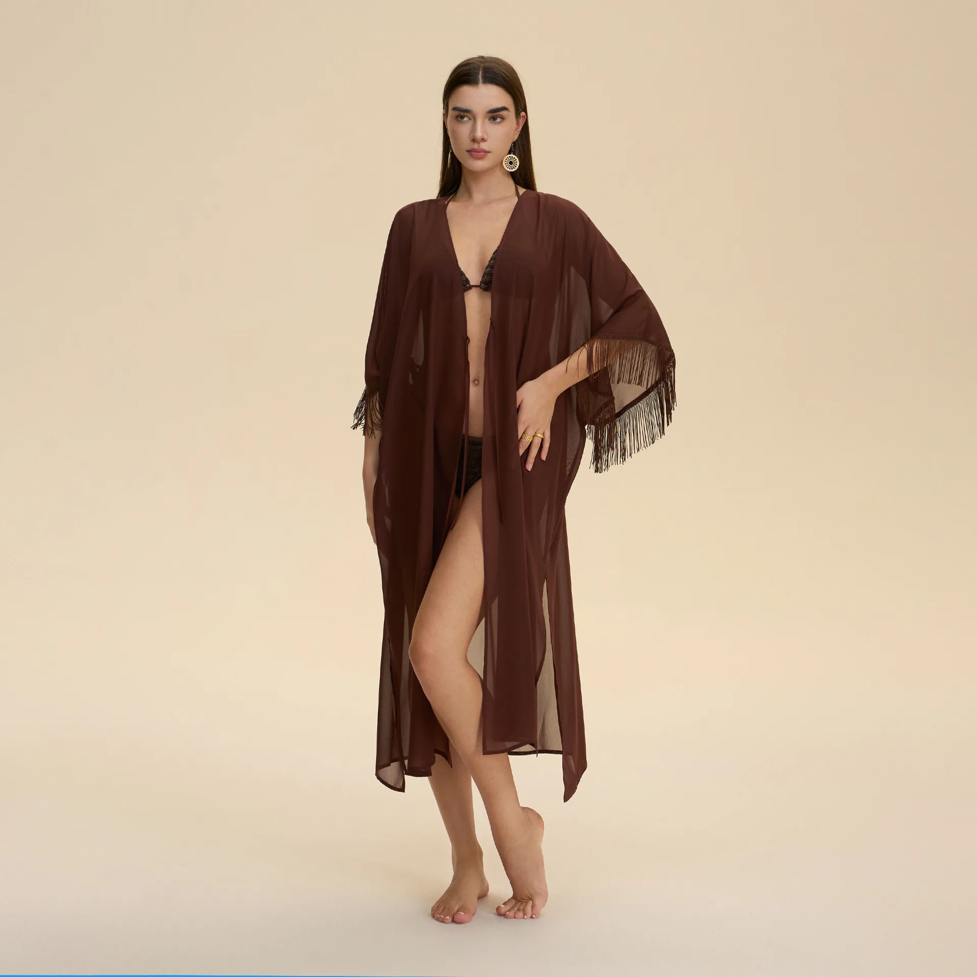 Bride Wedding Chiffon Long Robe Dress Negligee Elegant Tassel Cuff Silk Satin Kimono Bathrobe Loose Homewear