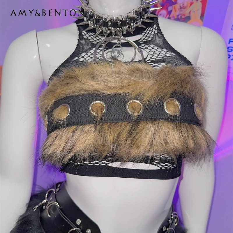 

Женская одежда в европейском и американском стиле Y2K для горячих девушек, готический рок-панк, металлический топ с круглым отверстием из искусственного меха на одно плечо, женский топ-труба