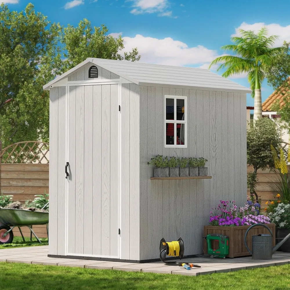 4' x 6' Outdoor Storage Shed with Floor, Plastic Shed Outside Resin Tool Shed with Window and Lockable Door for Backyard Garden