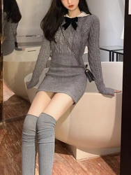 Autumn Kawaii Knitted Two Piece Set Women Casual Bow Sweet Mini Skirt Suit Female Korean Fashion Warm Elegant Sweater Set 2022