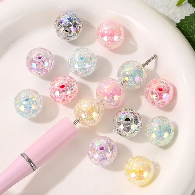 10Pcs 16mm Colorful Crackled Round Beads Iridescent Sequins Inside Loose Beads for DIY Pens Bracelets Phone Strap Craft
