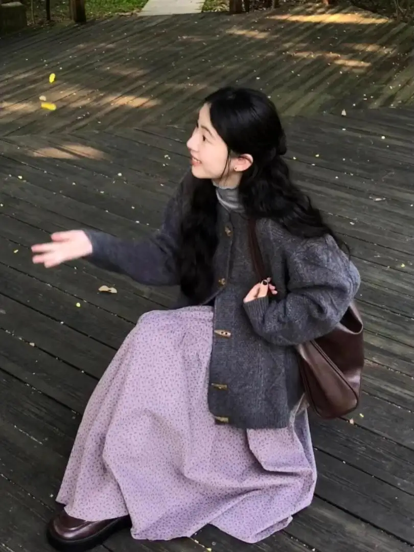 Ladies' Lazy Style Button up Sweater Coat Inner Shirt Skirt Three Piece Set Autumn Winter Polka Dot  Skirt Casual Wear