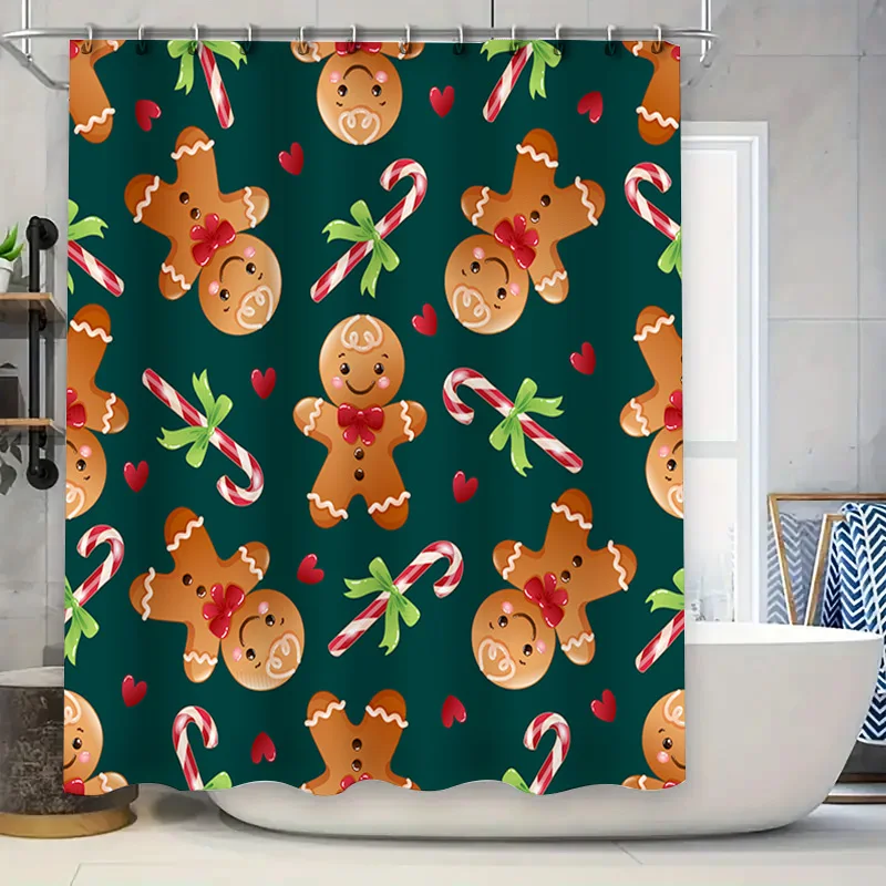 Christmas Bath Curtain with Gingerbread Men Pattern Blue Green Red Candy Cane Heart Decor Shower Curtains for Kids Christmas Par