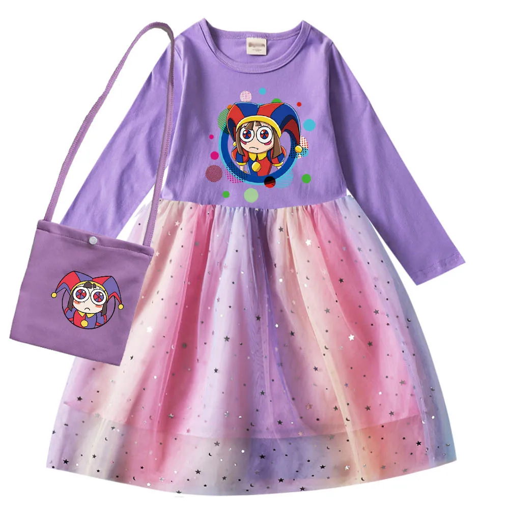 Amazing Circo Digital Clothes Kids Long Sleeve Casual Dresses Baby Girls Autumn Dress & Bag Children Mesh Star Princess Vestidos